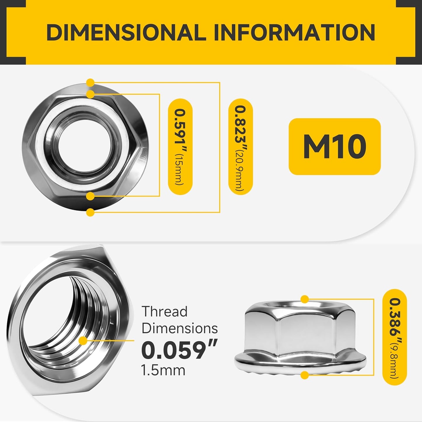 Tuercas hex M10-1.5 acero inox 304 brillante pack 100