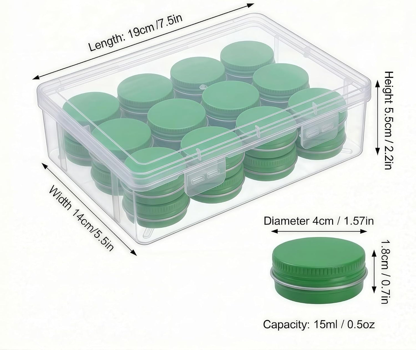 24 Latas Aluminio 0.5oz con Tapas Rosca Estuche Transparente