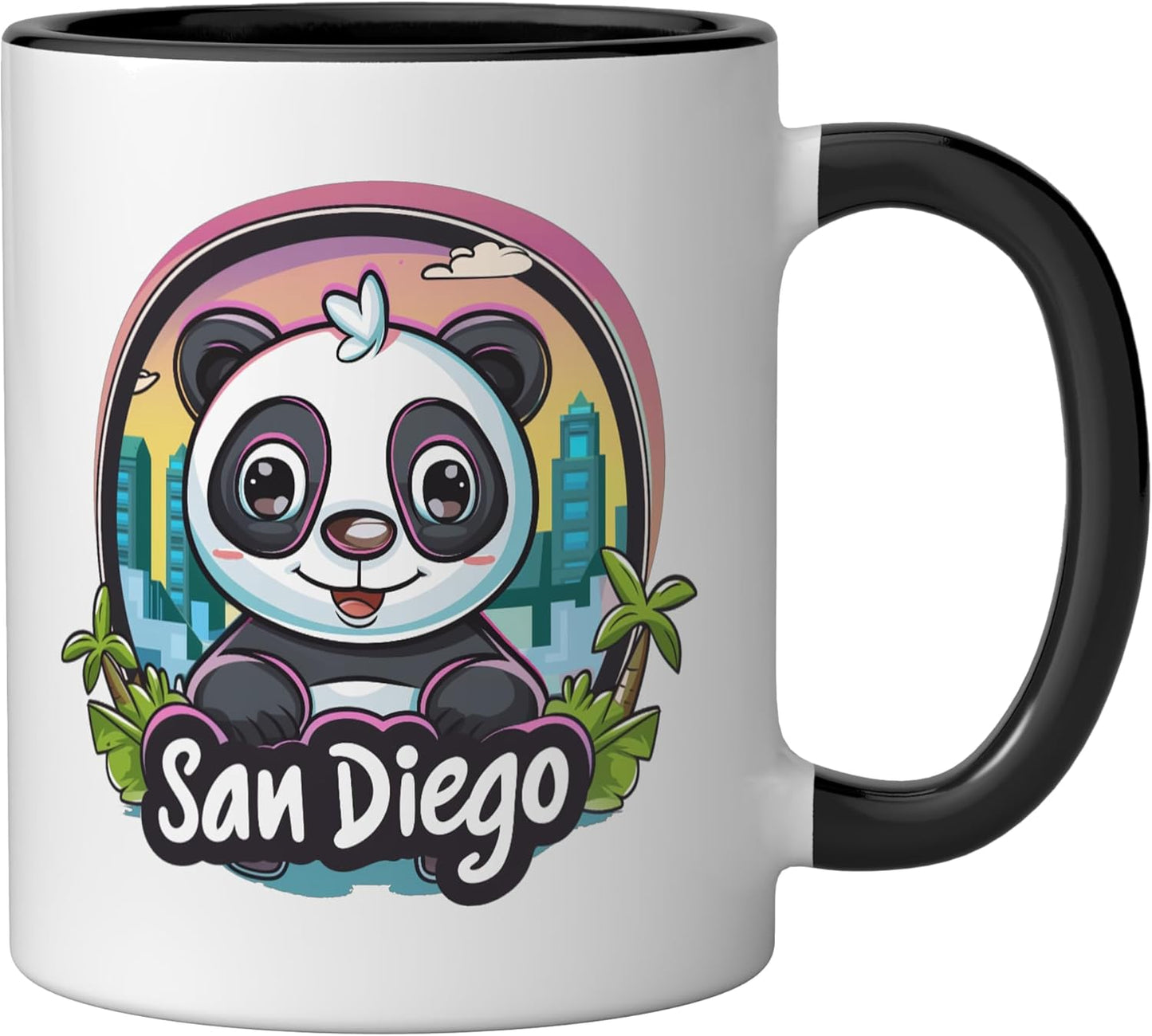 Taza Cerámica Panda Kawaii Ciudad Skyline Negro/Blanco