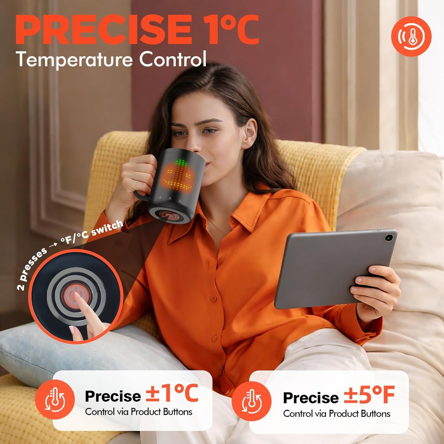 Taza calentadora recargable con LED para café té