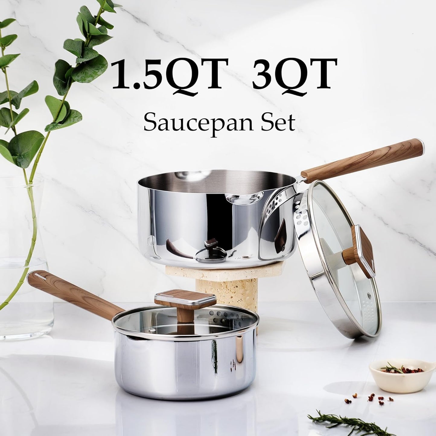 Set Cacerolas Acero Inox 1.5-3qt Tapa Vidrio Mango Madera