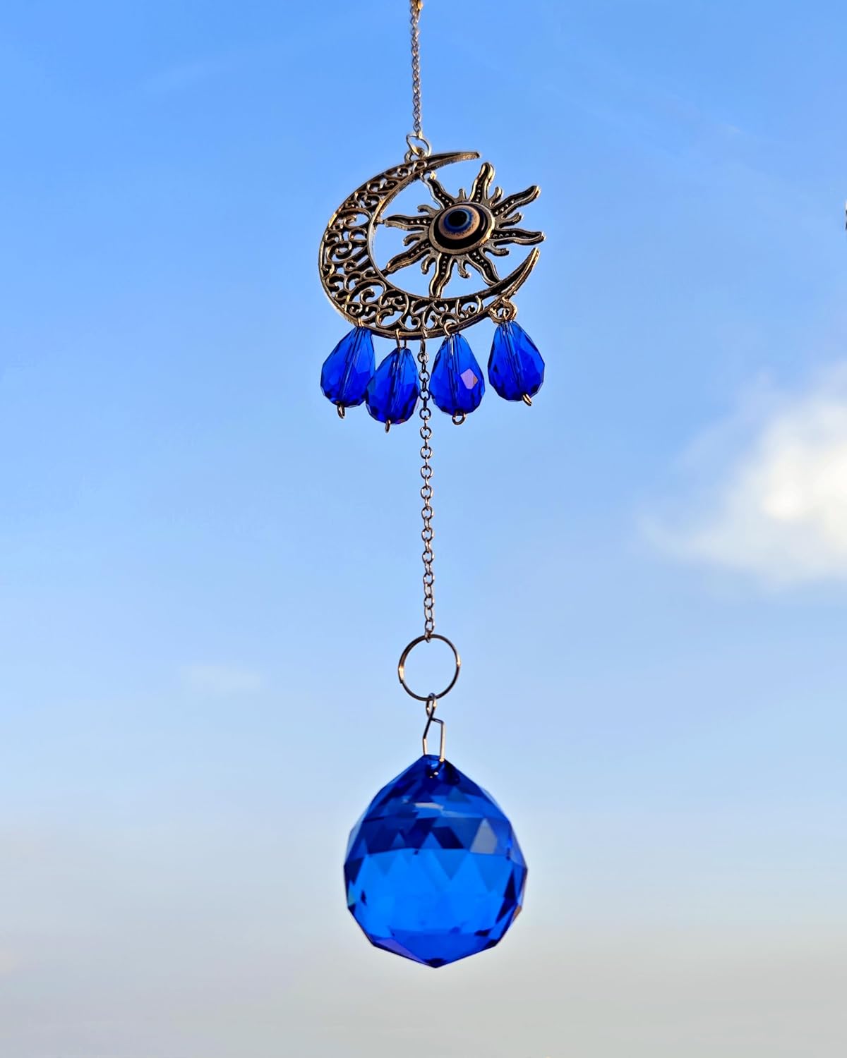 Atrapasoles azules colgantes para ventana cristal luna sol