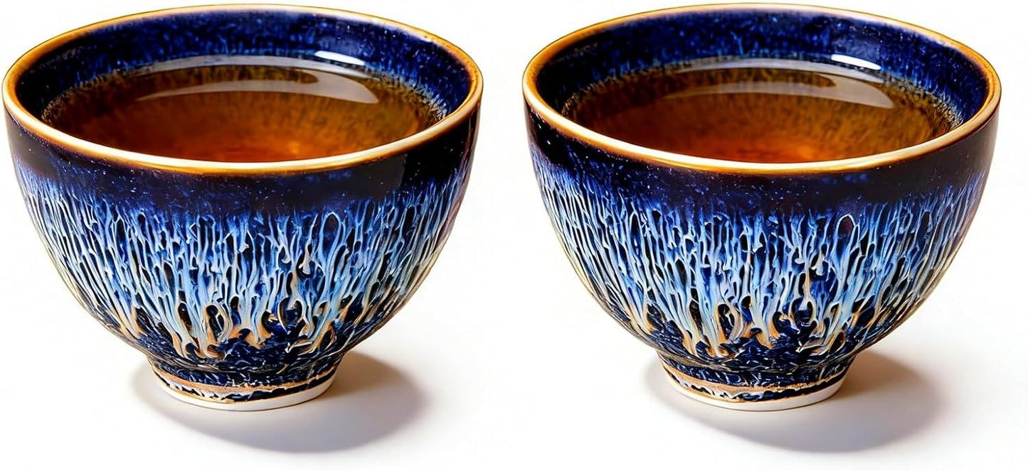 Juego de tazas de cerámica china azul Tenmoku para té y decoración