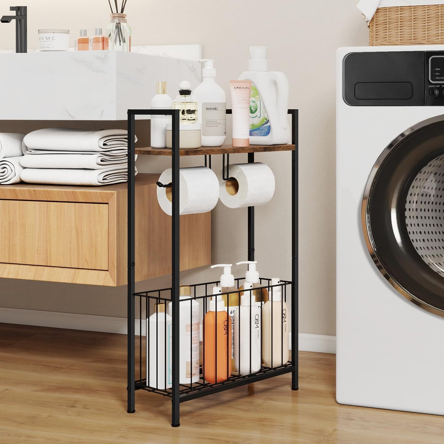 Soporte papel higiénico con estante y cesta marrón rústico