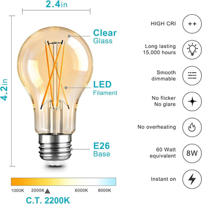 Pack 6 Bombillas LED Edison A19 Vintage Regulables Blanco Ámbar