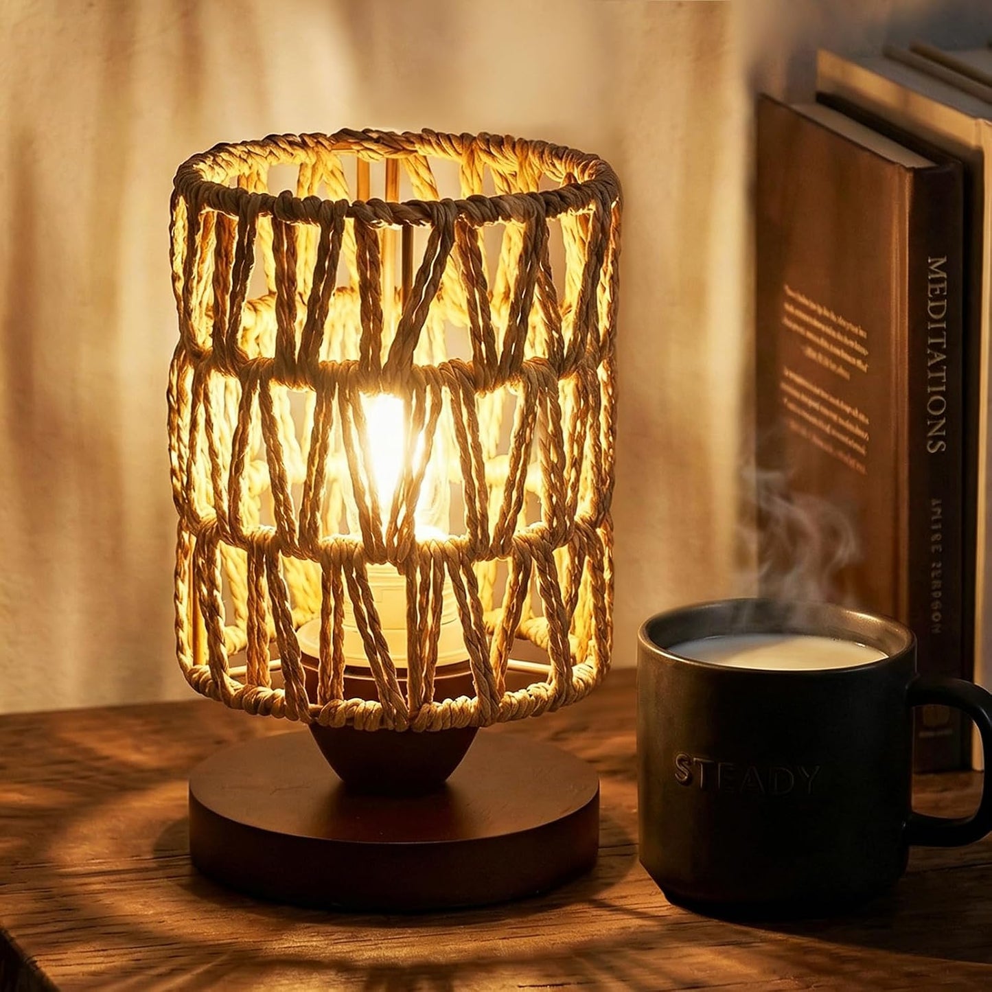 Lámpara mesa ratán bohemio LED cálida