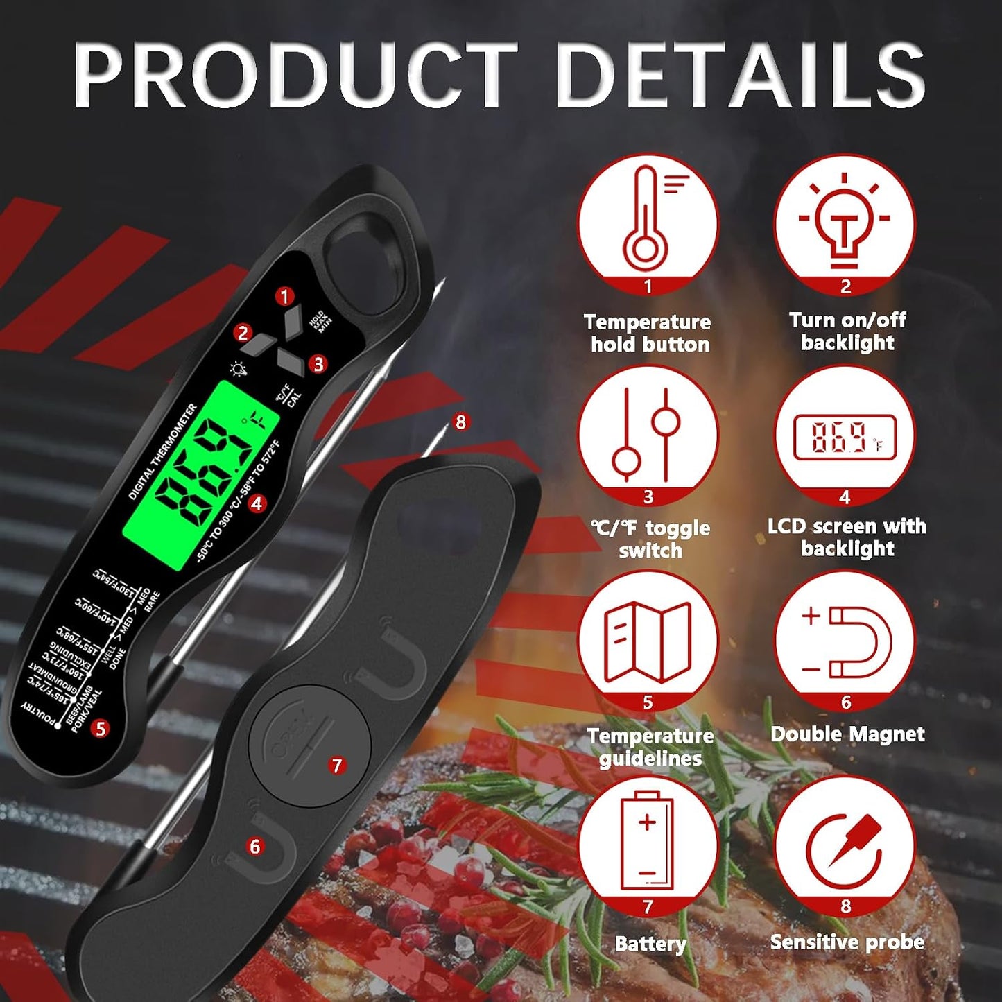 Termómetro digital carne cocina impermeable IP67 con luz