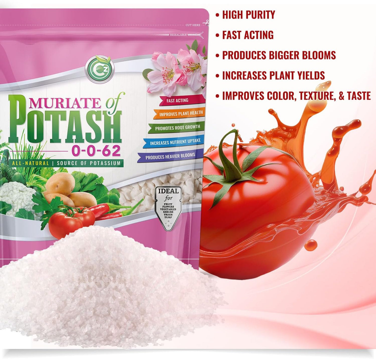 Fertilizante MOP Potasio 0-0-62 para plantas y jardines
