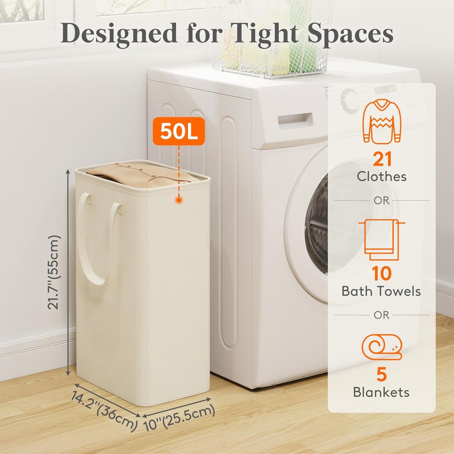 Cesta lavandería delgada 50L plegable con asa blanca