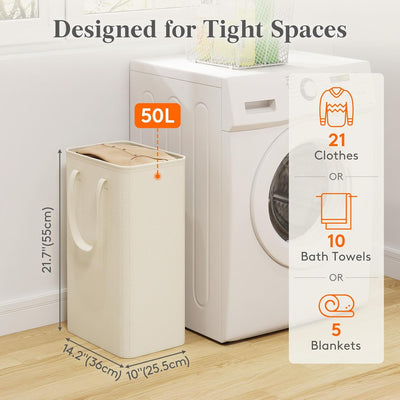 Cesta lavandería delgada 50L plegable con asa blanca