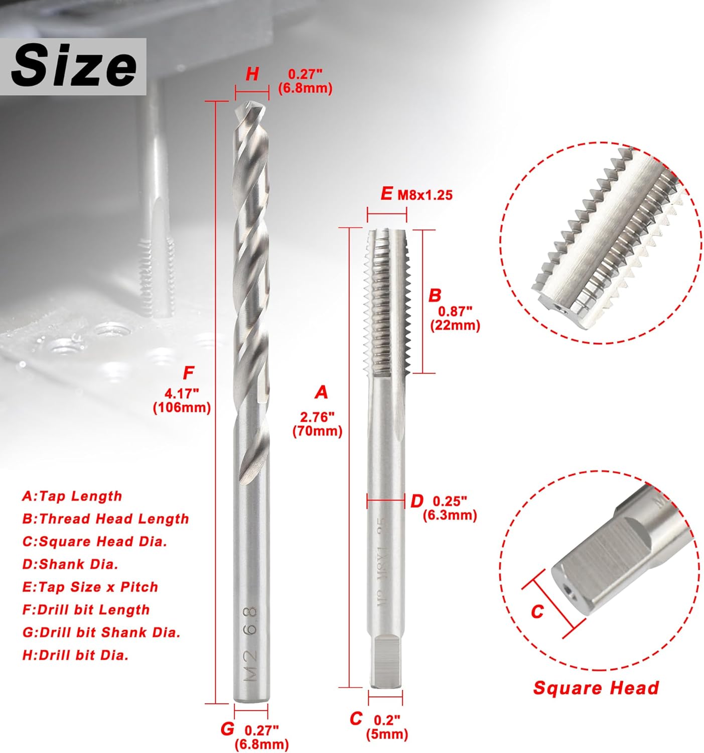 Set Brocas M8 x1.25 y 0.268pulg HSS para Metal