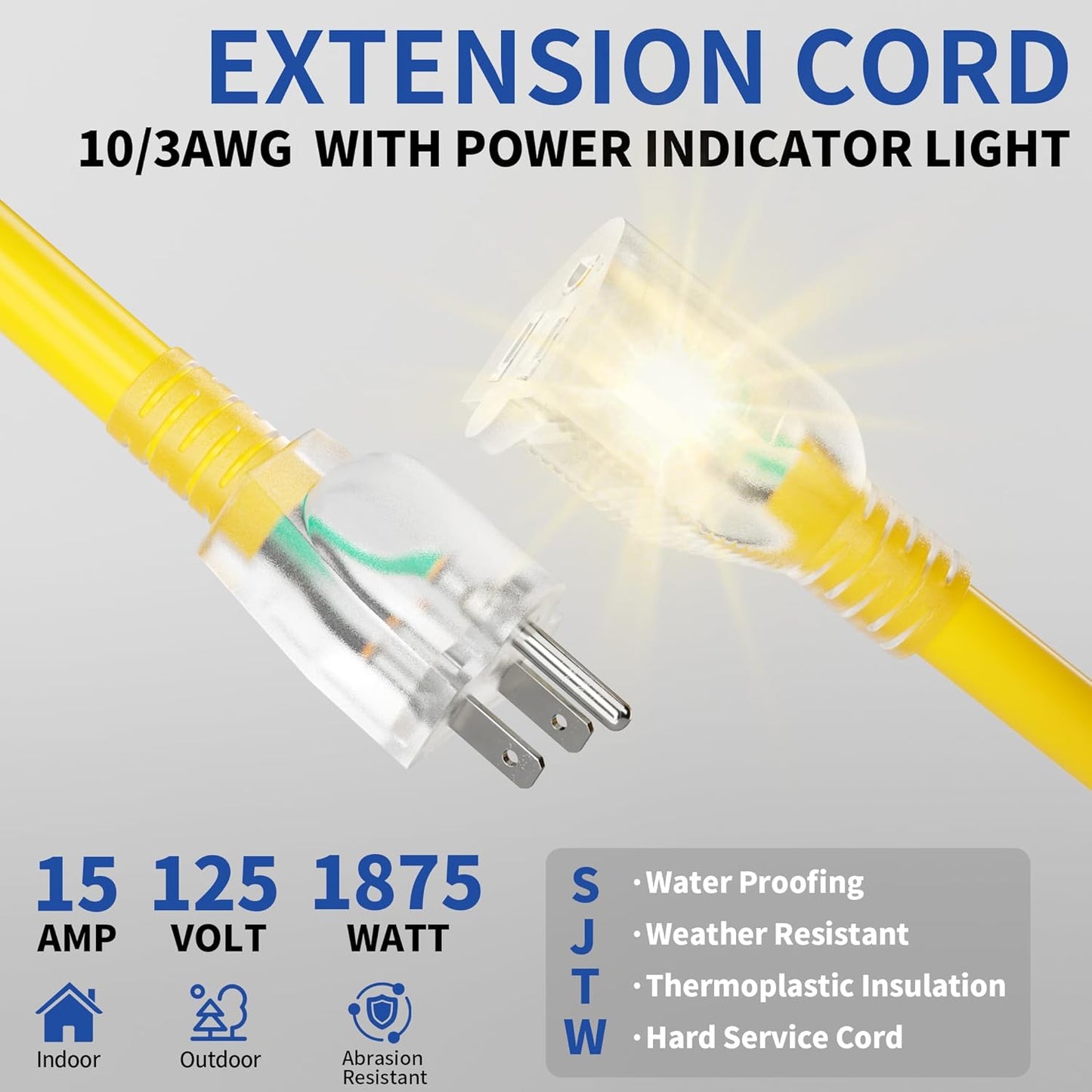 Cable extensión 6ft interior/exterior 10/3 iluminado 15A amarillo