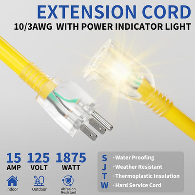 Cable extensión 6ft interior/exterior 10/3 iluminado 15A amarillo