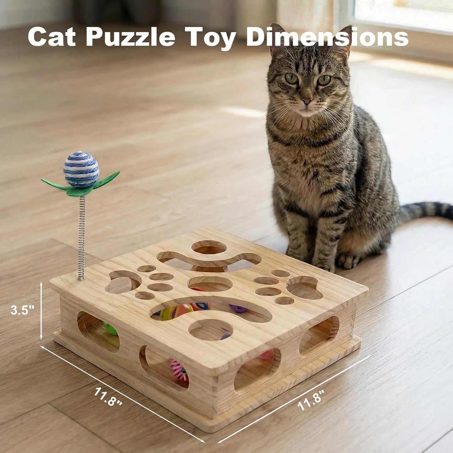 Caja rompecabezas madera pino gato laberinto sisal bolas