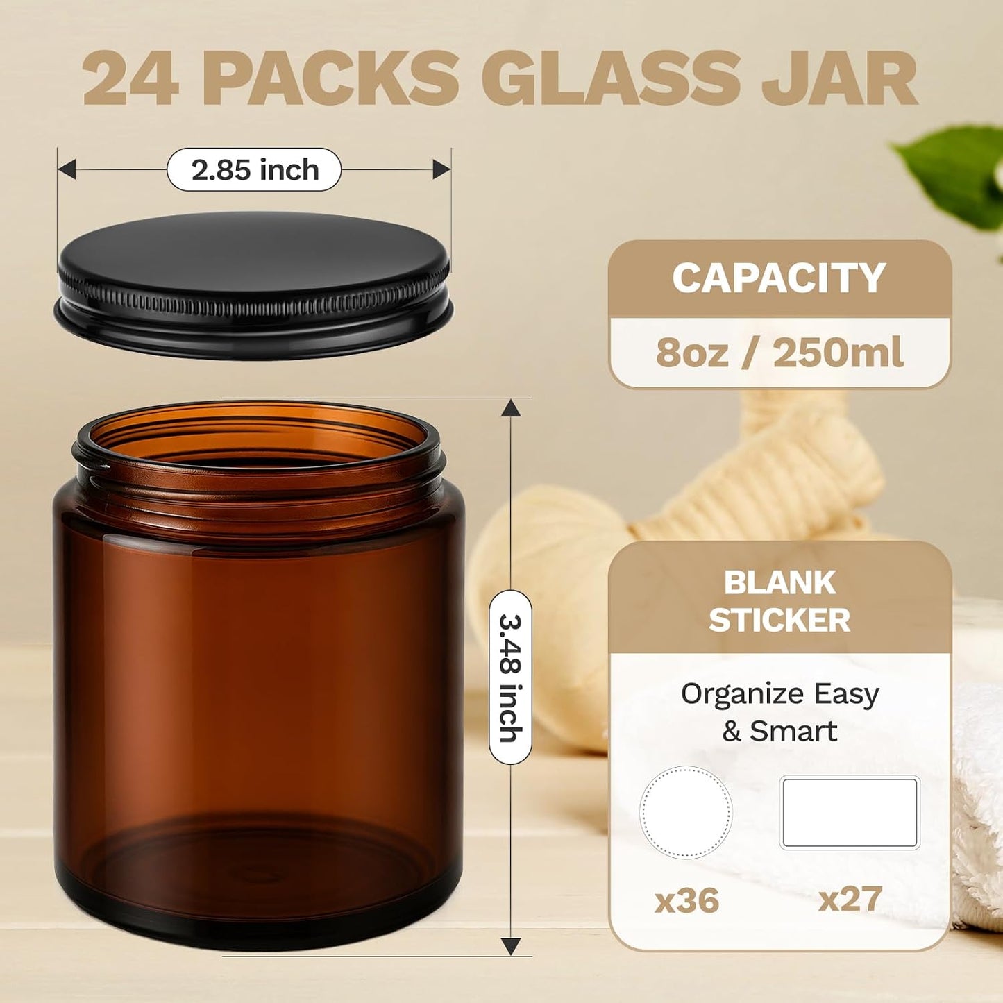 24 Pzas Tarros Vidrio Ámbar 8oz para Velas y Alimentos