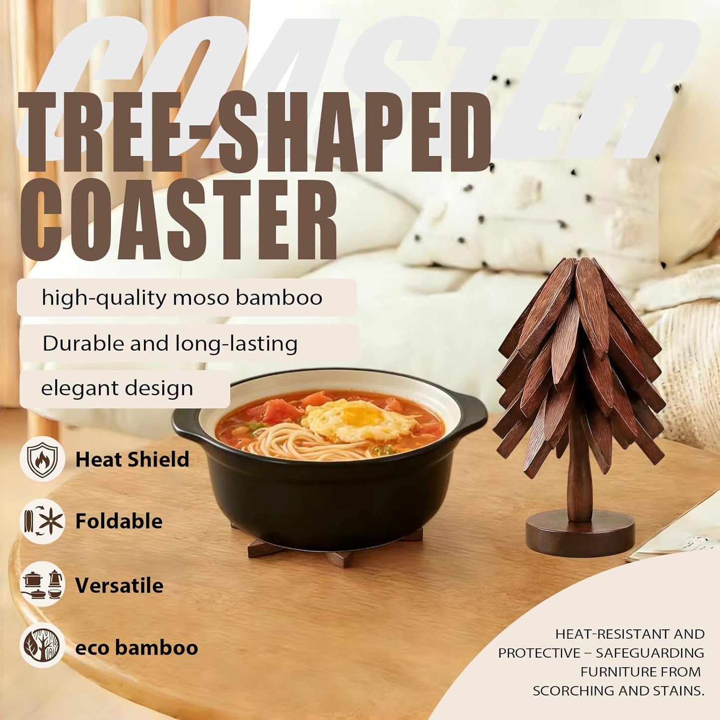 Salvamanteles de bambú en forma de árbol, 5 piezas plegables para platos calientes