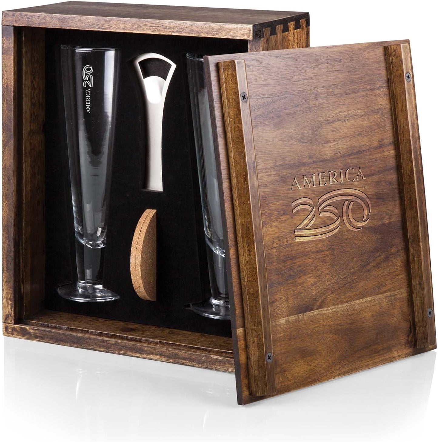 Juego 2 Vaso Pilsner Madera Acacia Caja Regalo Con Abridor