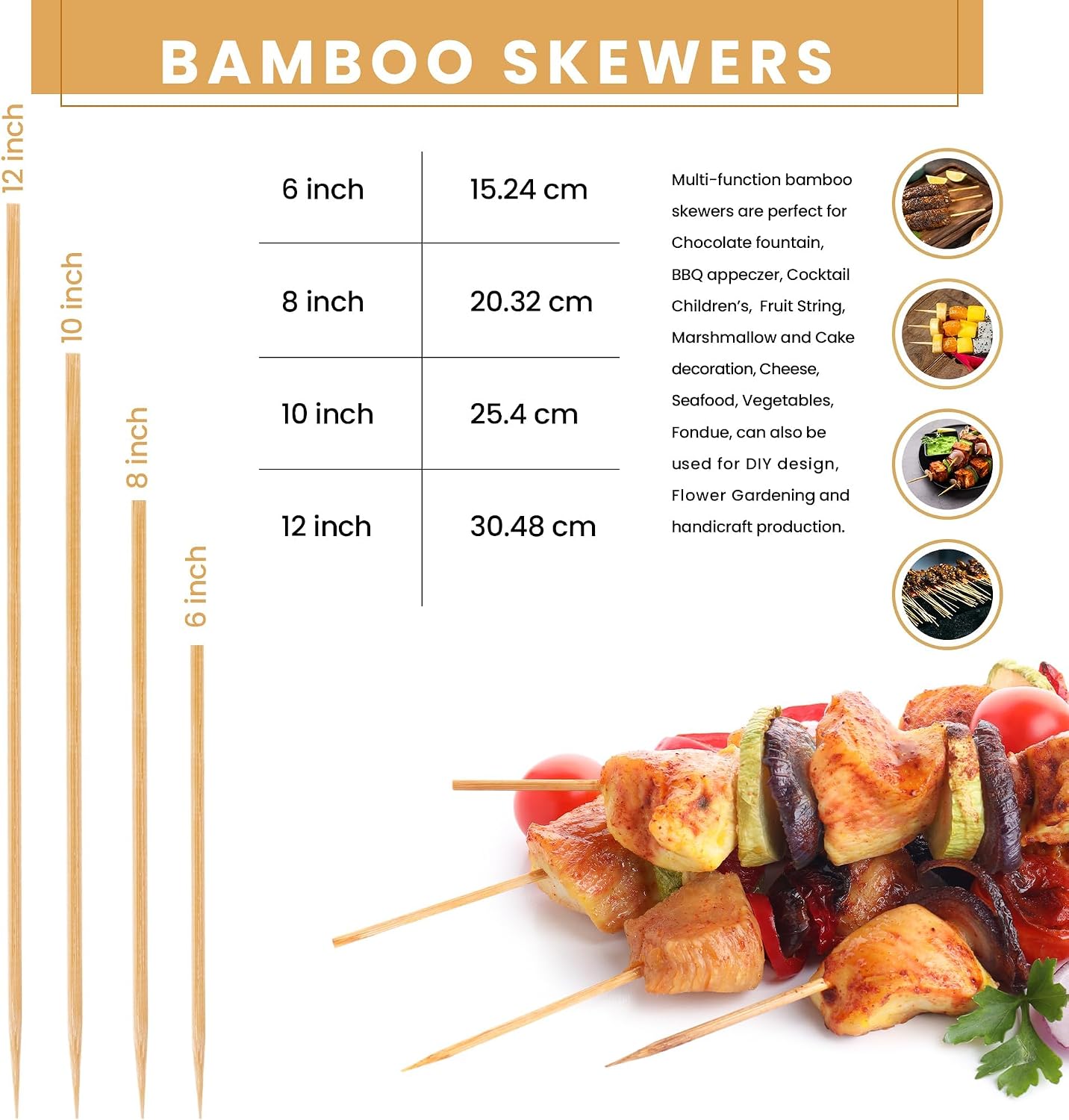 Brochetas bambú 8pulg 100 pinchos asar parrilla barbacoa