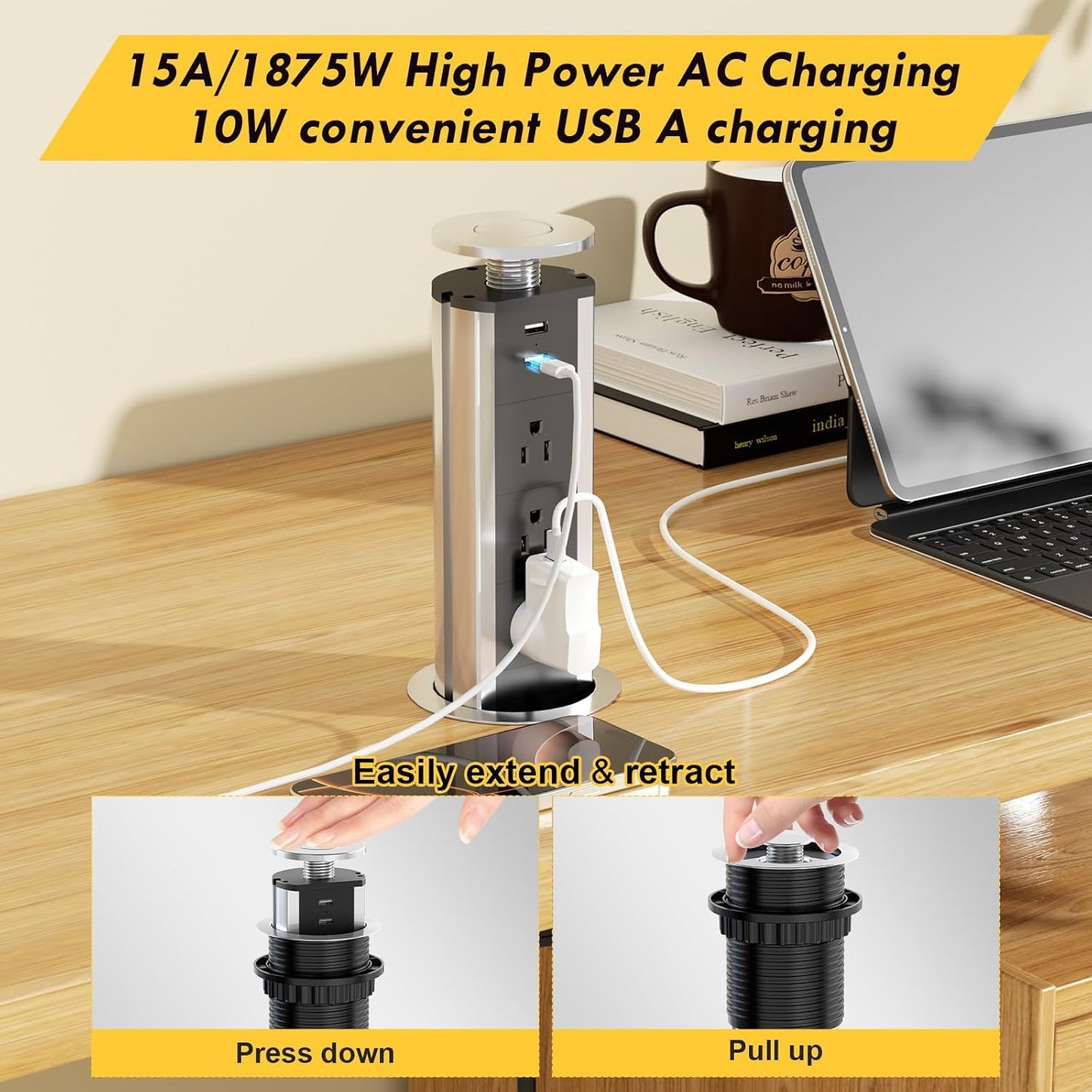 Toma corriente desplegable encimera con 3 salidas CA y 2 USB