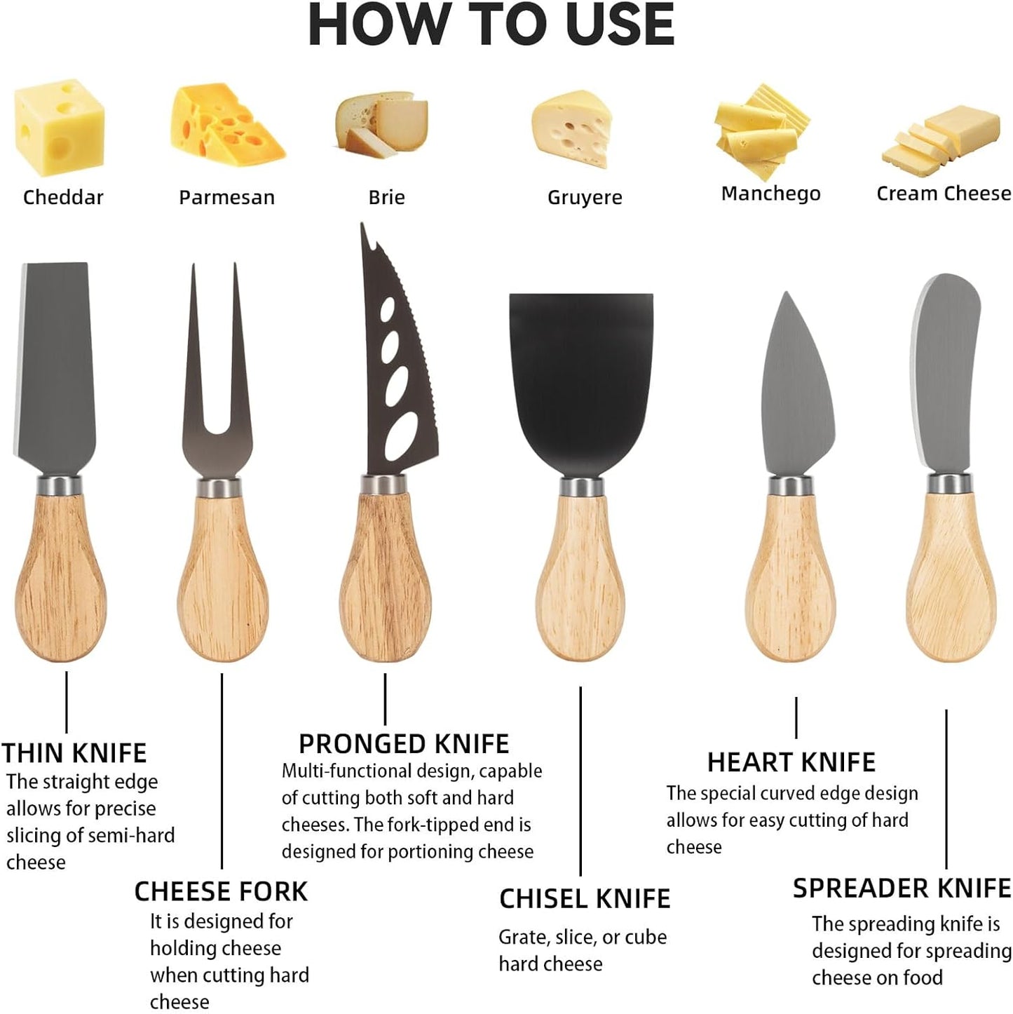 Juego de accesorios para tabla de charcutería con cuchillos de queso y madera