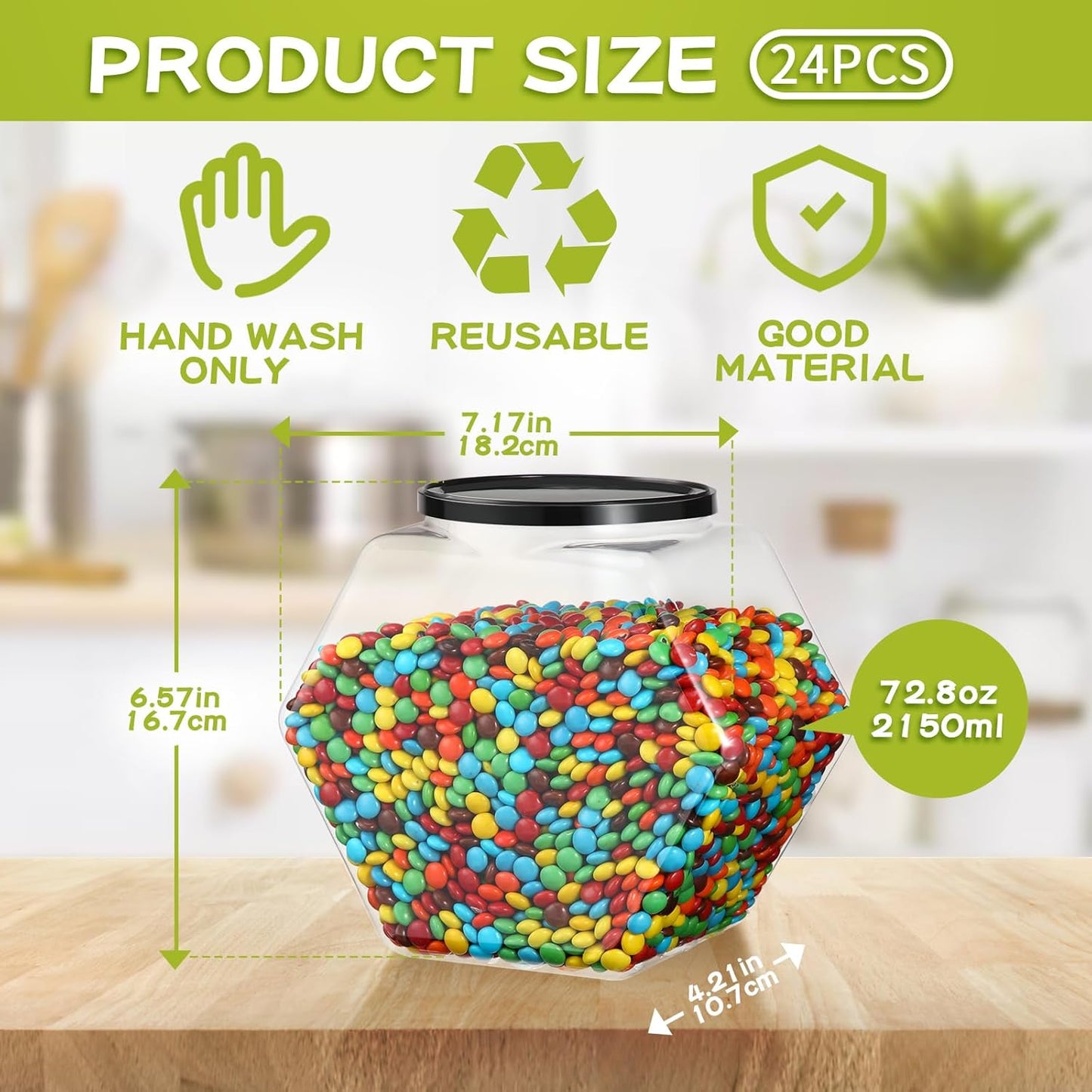 Pack 24 Tarros Plástico 73oz Hexagonales Con Tapa Transparente
