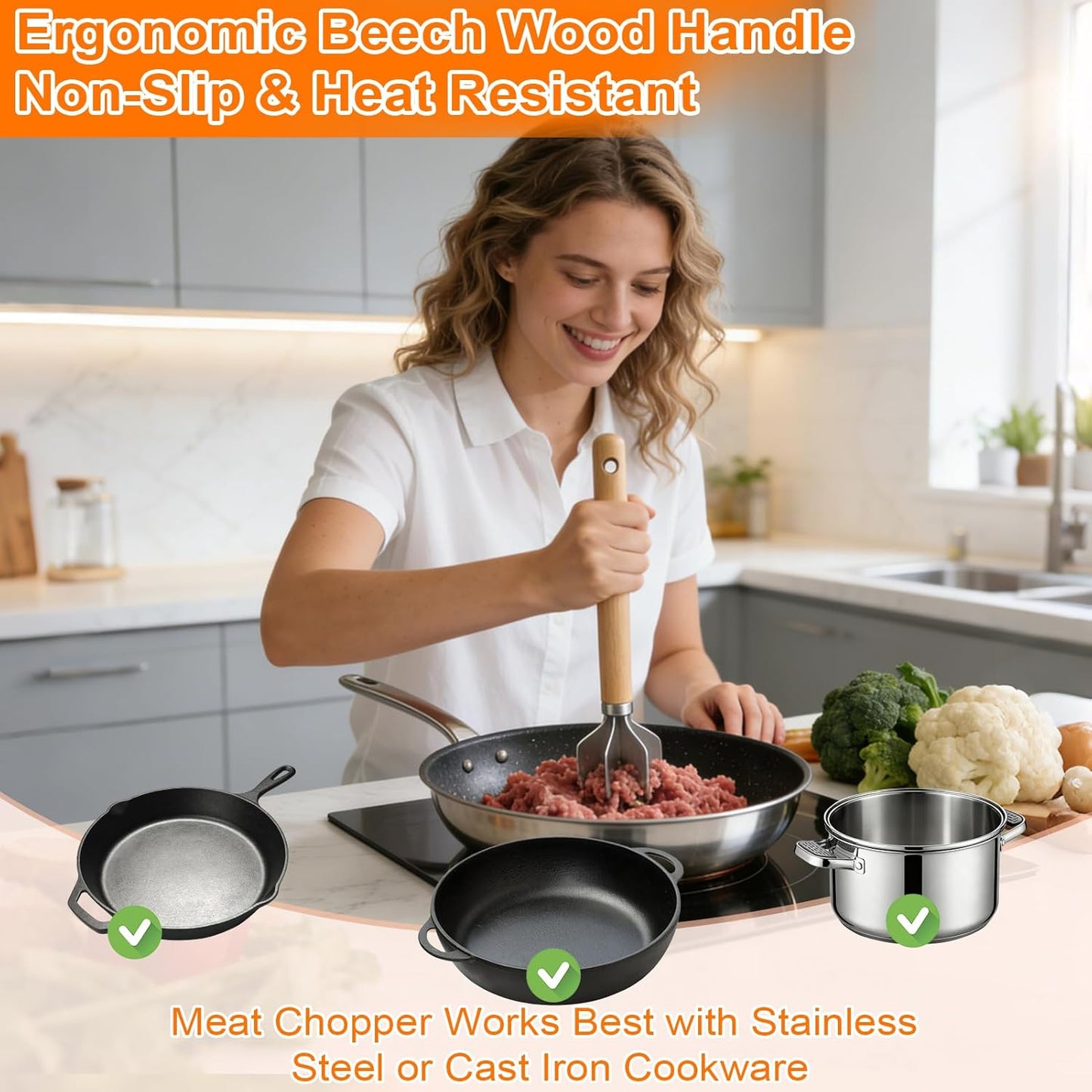 Triturador de carne molida de acero inoxidable con mango de madera