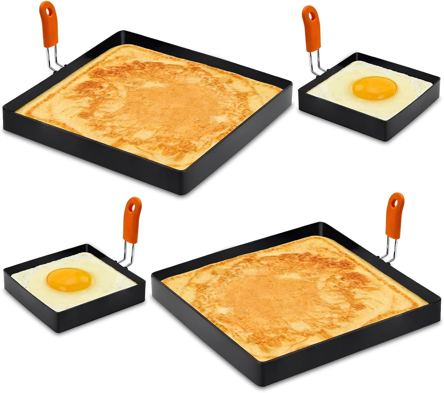 Juego de 4 anillos cuadrados para huevos de acero inoxidable con mango de silicona naranja