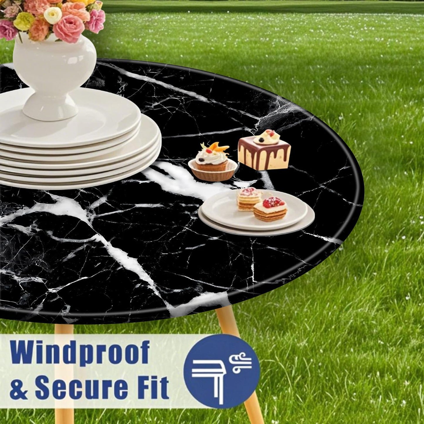 Protector de mesa redondo 44 pulgadas blanco y negro para cocina y picnic
