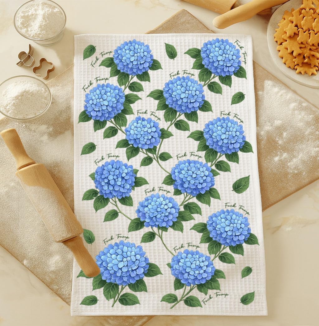 Toalla de cocina con flores de hortensia anti Trump