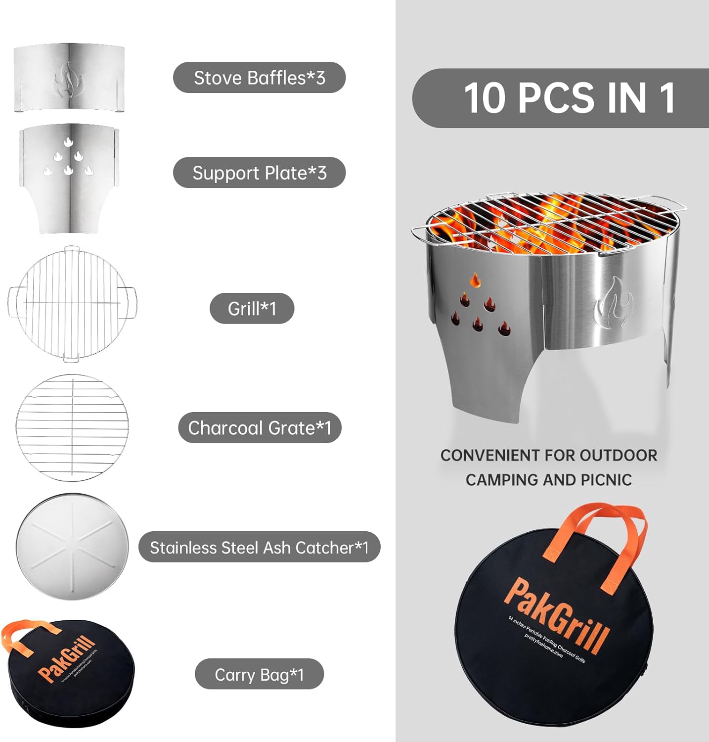 Parrilla plegable acero inox 14pulg con bolsa transporte