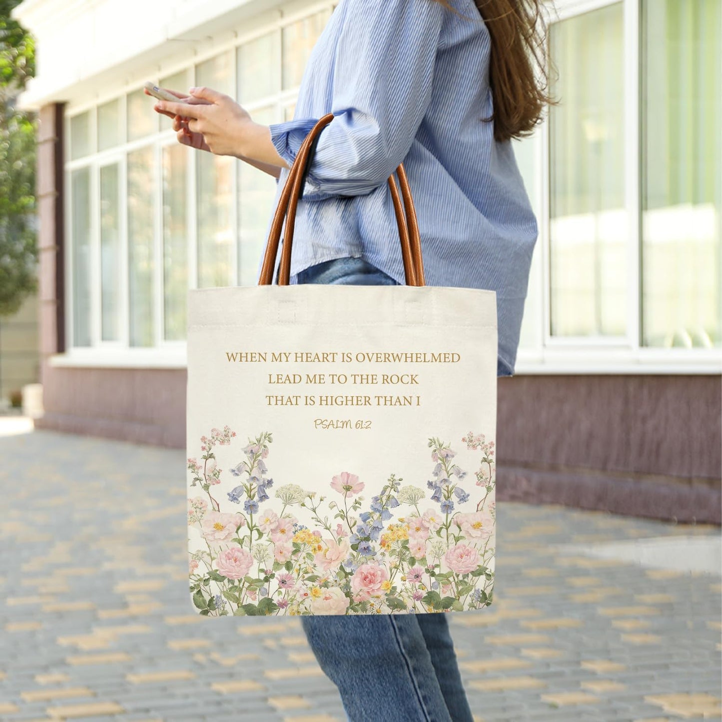 Bolsa de mano cristiana con Salmo 61:2 para mujer