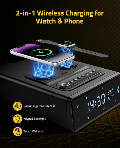 Caja fuerte biométrica 2en1 con reloj y teléfono