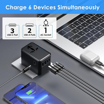 Adaptador viaje universal enchufe D carga 3xUSB-C