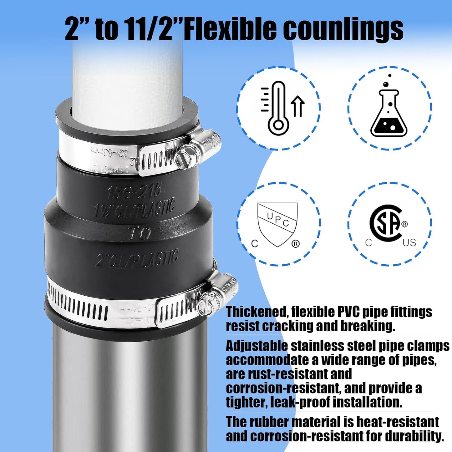 Acoplamiento flexible PVC 1 1/2" a 2" con abrazadera inox
