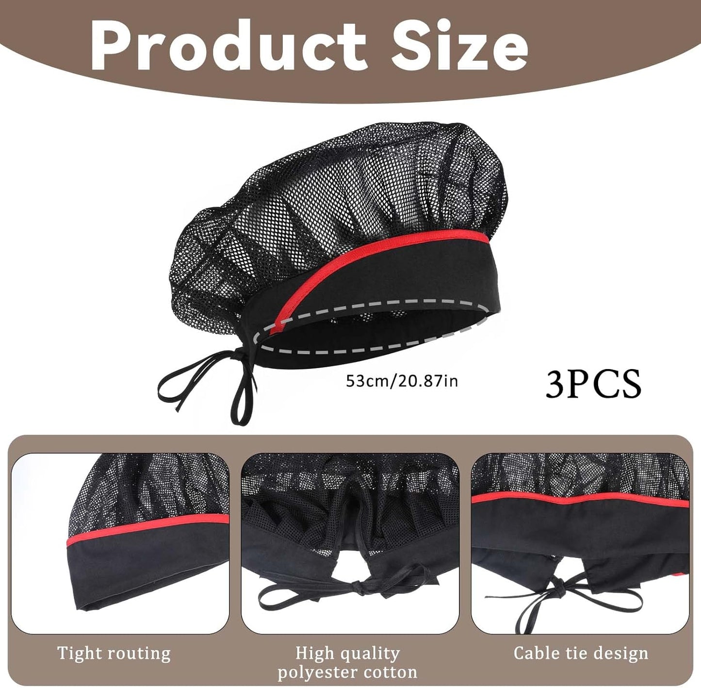 Gorro chef mujer negro ribete rojo 20.87pulg algodón