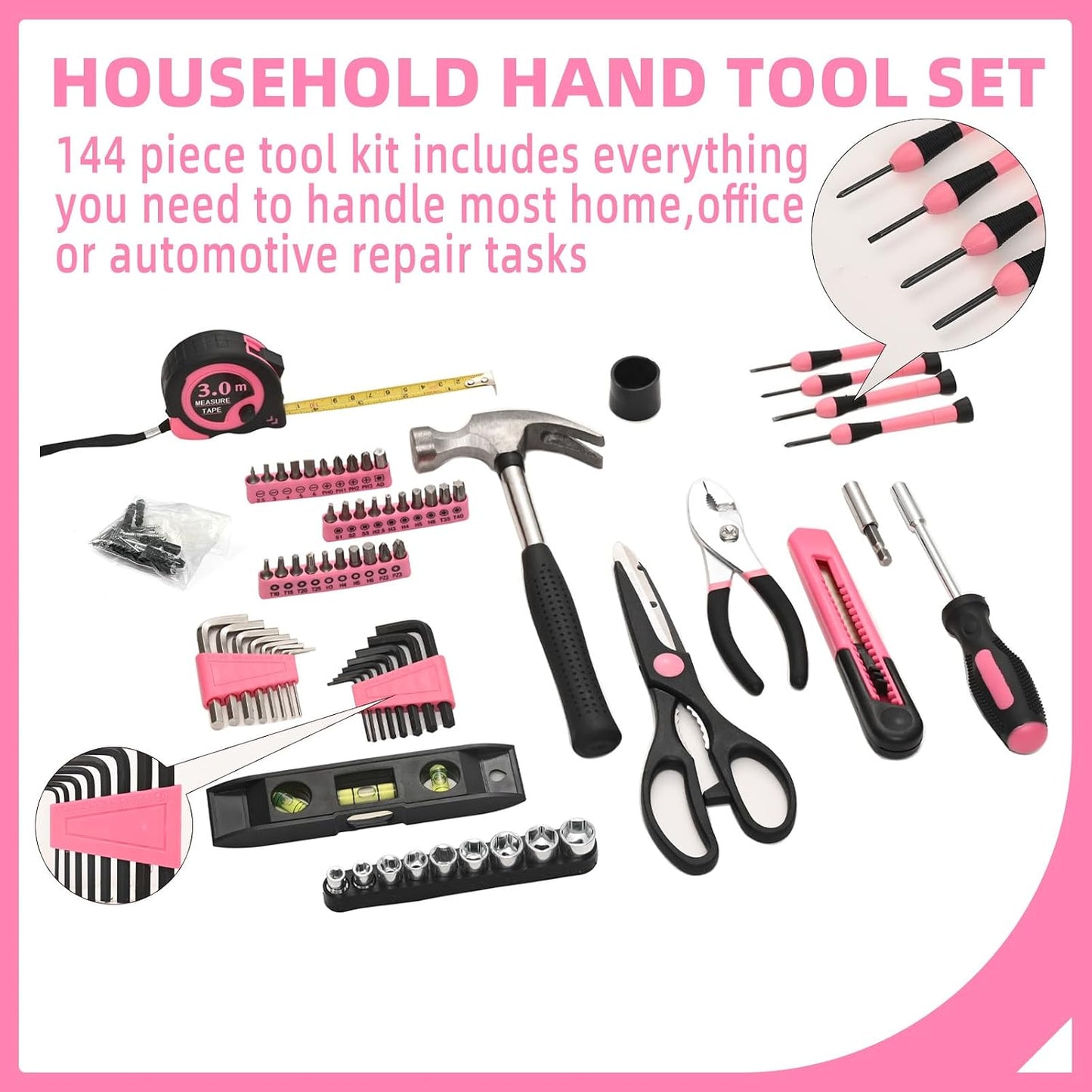 Kit 144 Pzas herramientas básicas reparación hogar color rosa
