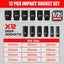 Juego dados impacto 1/2 pulg 12 pzas acero Cr-Mo estuche