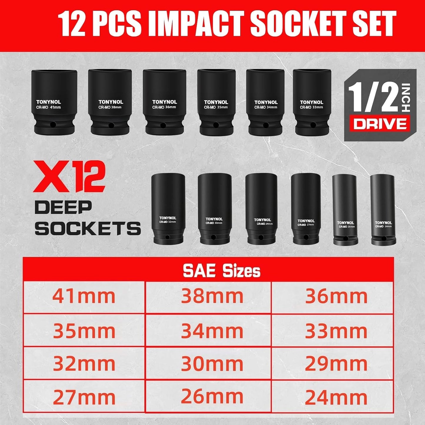 Juego dados impacto 1/2 pulg 12 pzas acero Cr-Mo estuche
