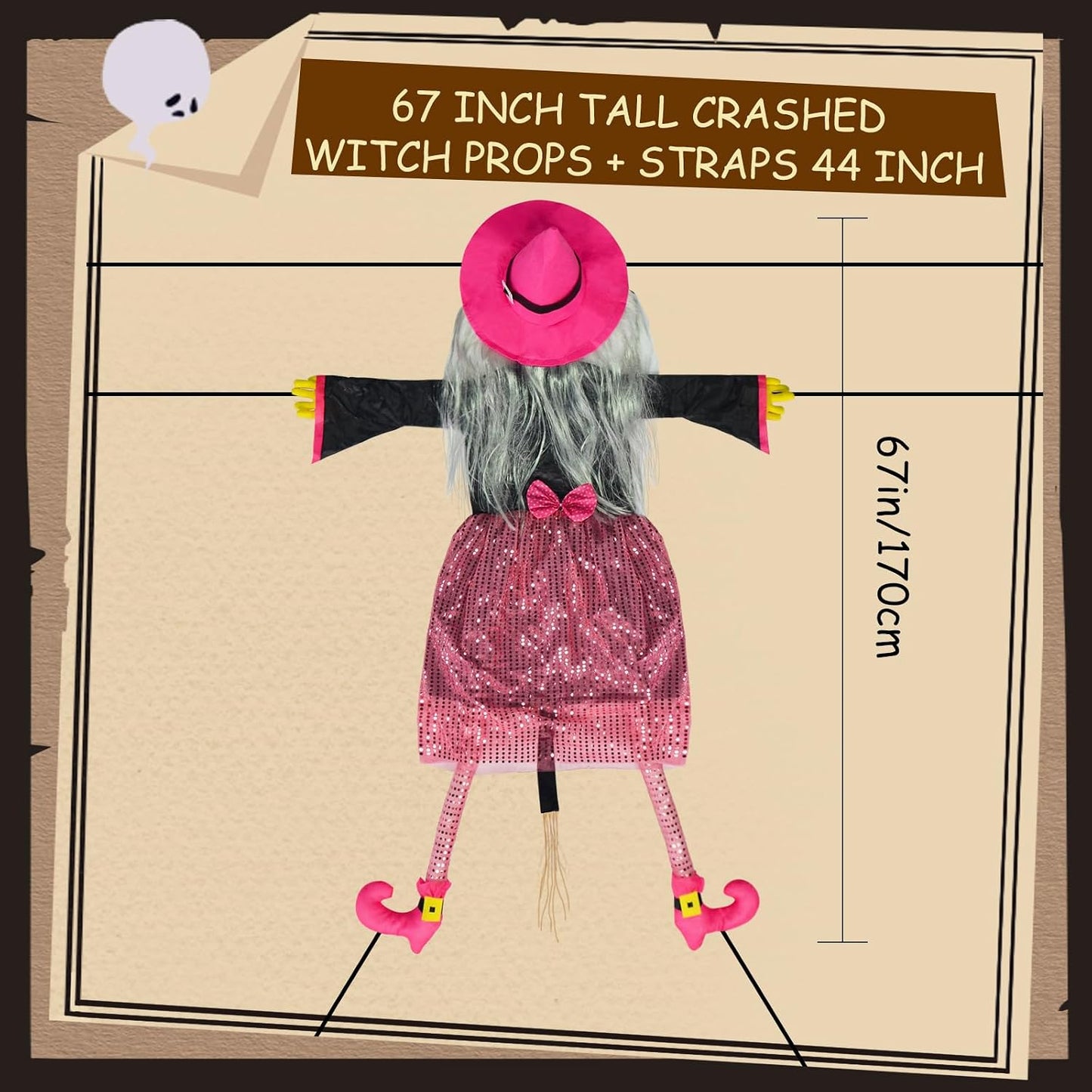 Decoración Halloween bruja voladora 67pulg rosa