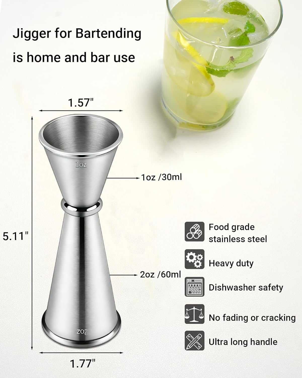 Juego jigger acero inox 1/2oz doble cara plateado