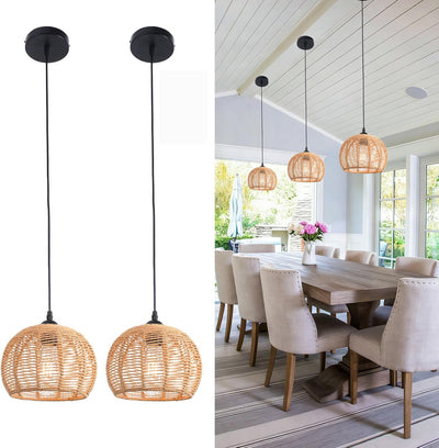 2 Luces Colgantes Ratán Bohemio Lámpara Ajustable Isla Cocina