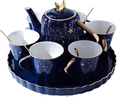 Juego té cerámica tetera y tazas 6oz azul