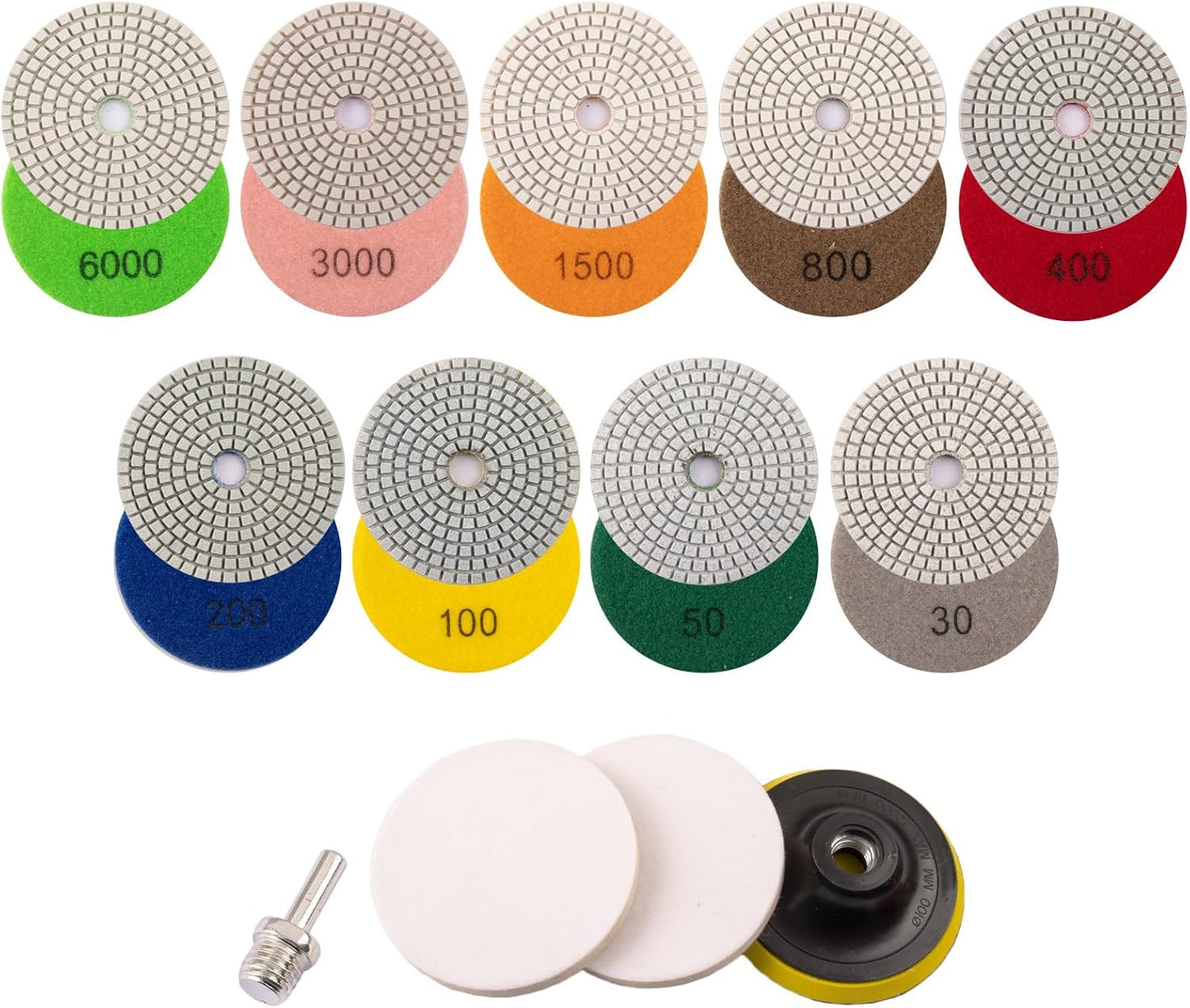 Kit 13 almohadillas pulido diamante 4" grano 30-6000