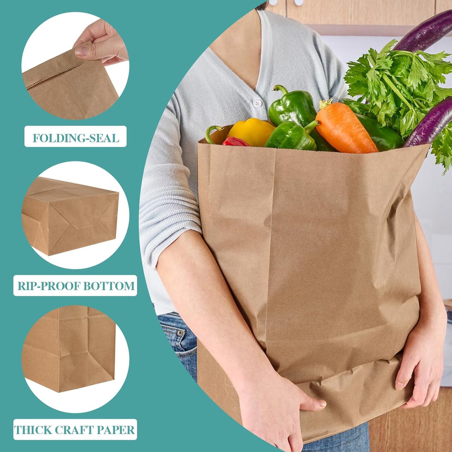 100 Bolsas Kraft Marrón 57lb Almacenamiento Compras