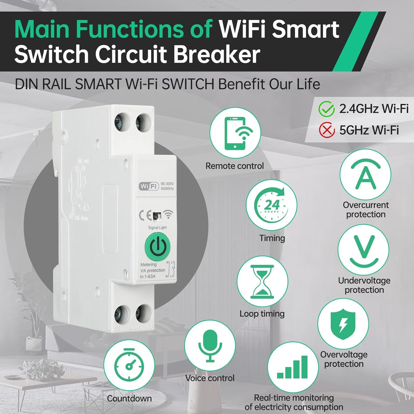 Disyuntor WiFi 1-32A 90-300V carril DIN app Tuya