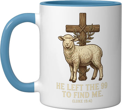 Taza cerámica cristiana He Left The 99 para encontrarme Luke 15:4 azul/blanco