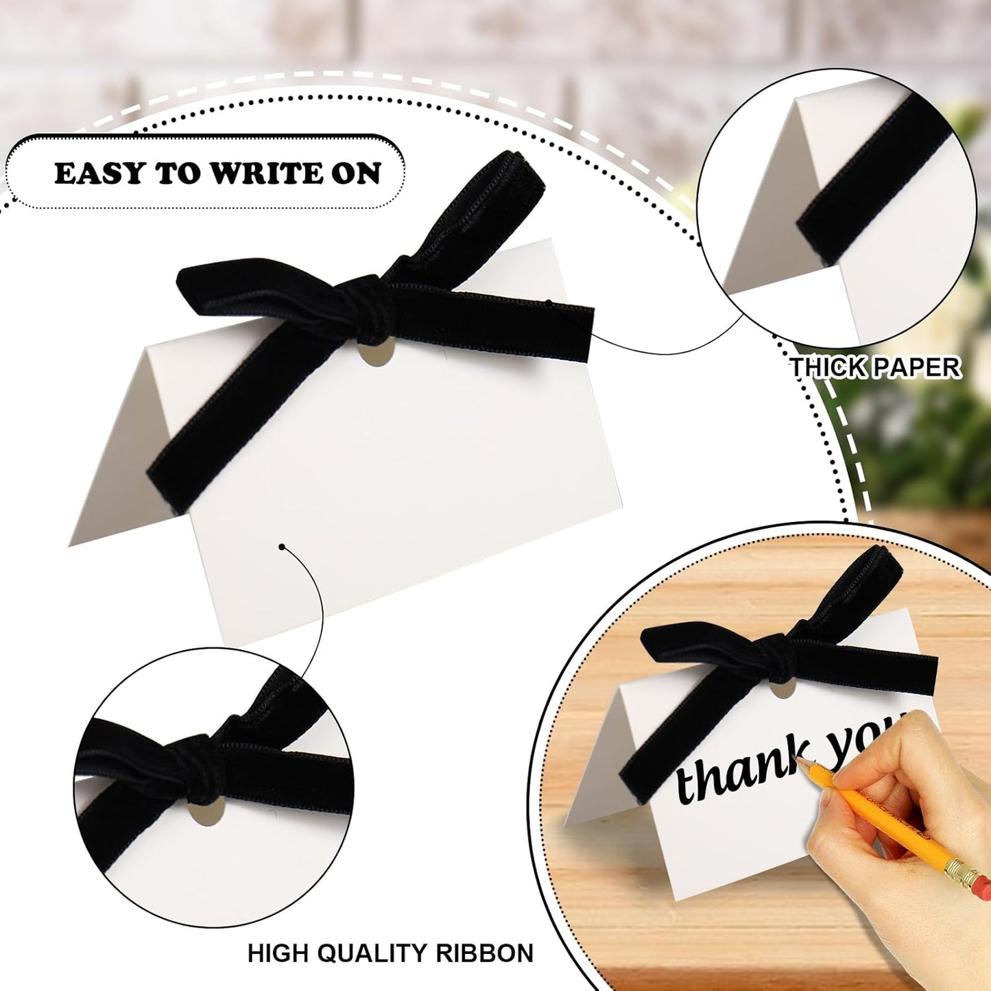 Tarjetas de terciopelo con lazo para mesa de boda, color negro y beige
