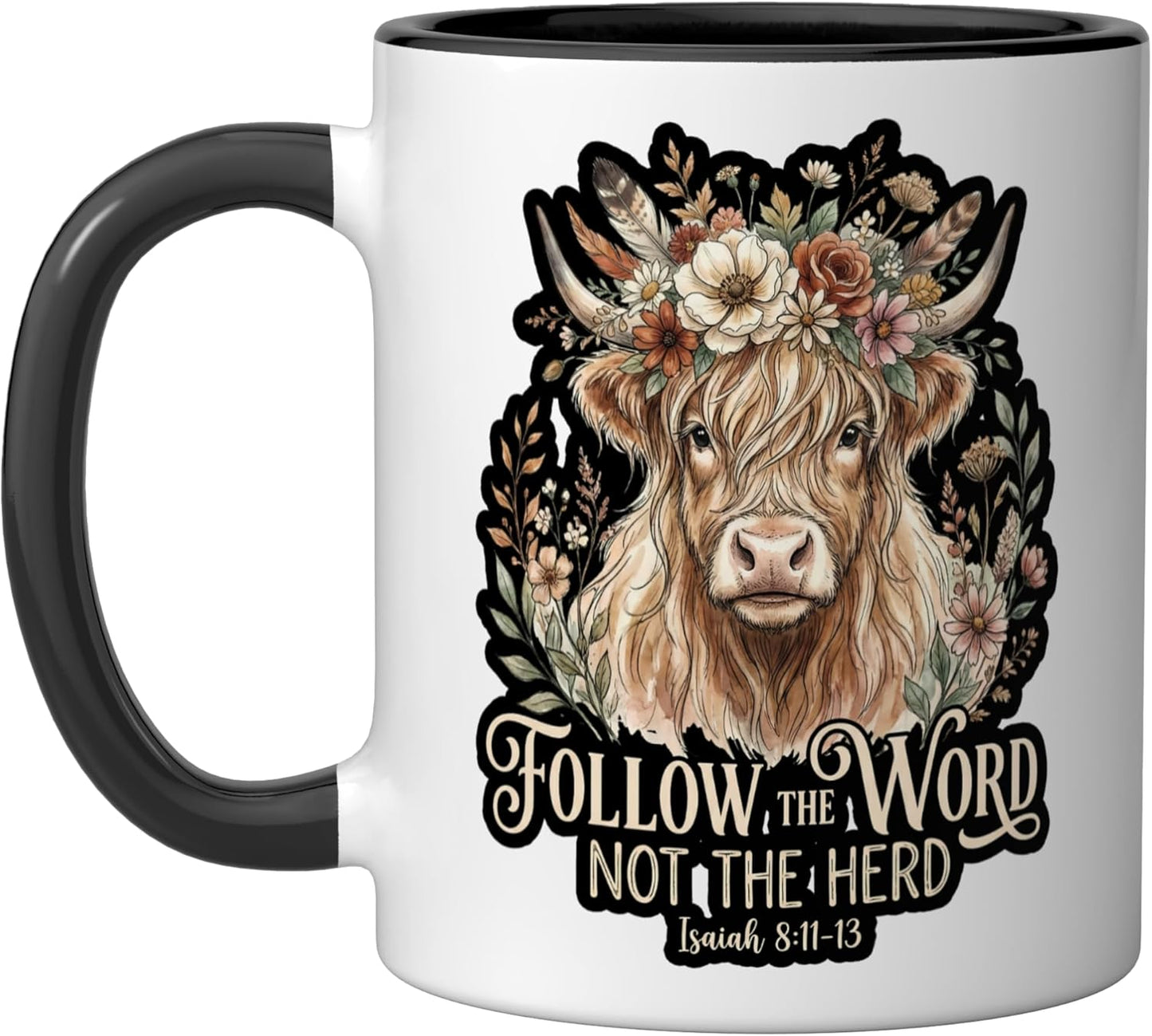 Taza cerámica Christian Highland Cow Floral Follow The Word Not The Herd Negro/Blanco