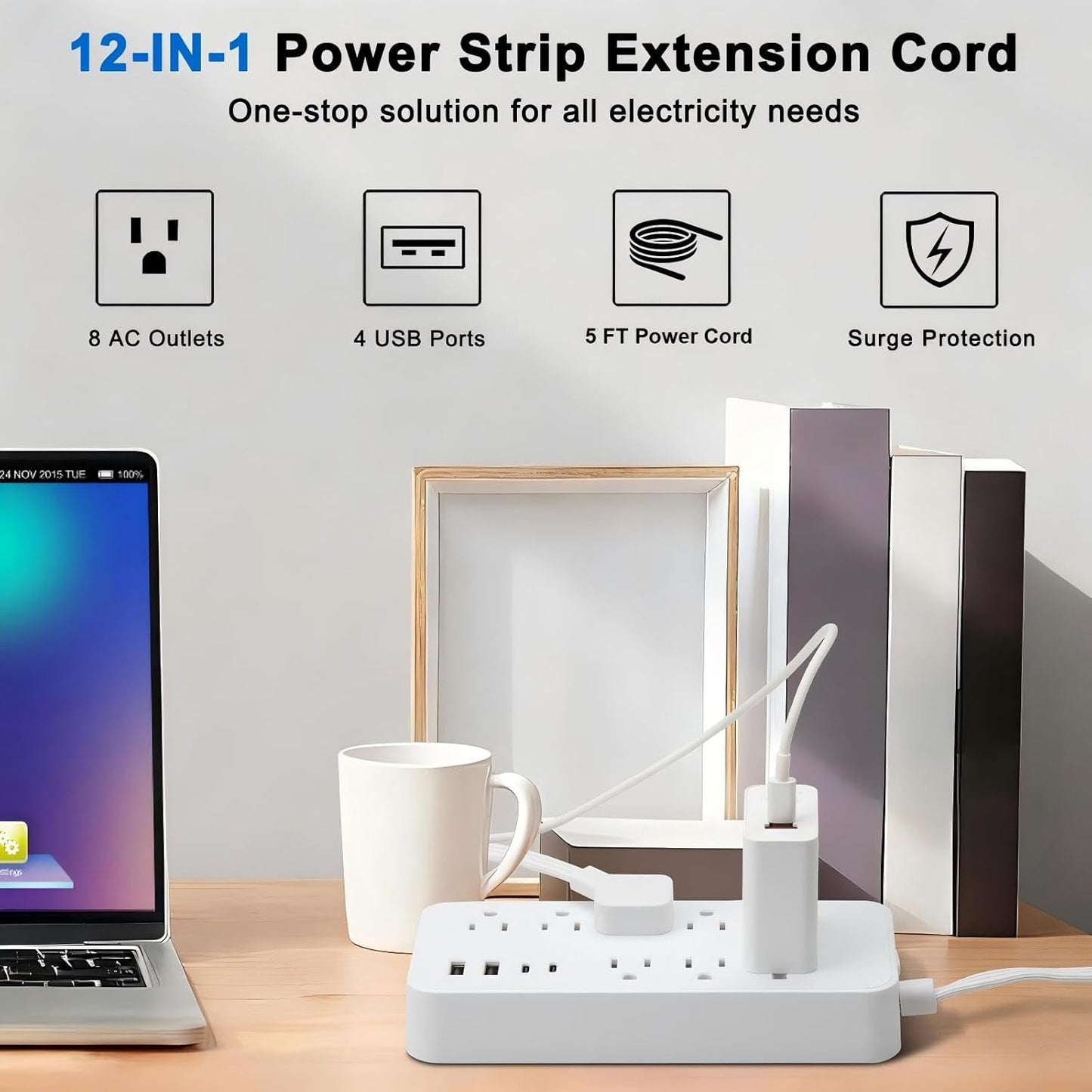 Cable extensión plano con protección 8 tomacorrientes 4 USB