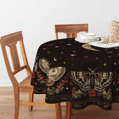 Mantel redondo con mariposas y estrellas, 60 x 60 pulgadas, color negro, estilo gótico vintage